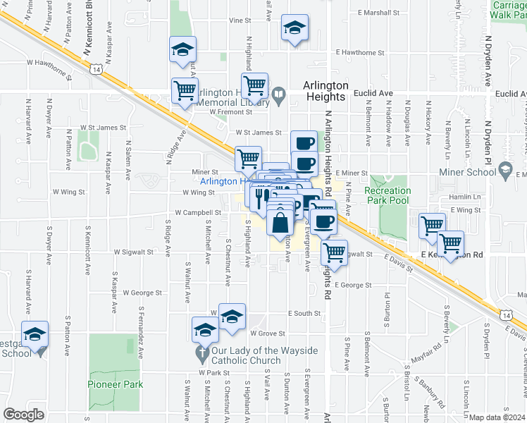 map of restaurants, bars, coffee shops, grocery stores, and more near 4 North Vail Avenue in Arlington Heights