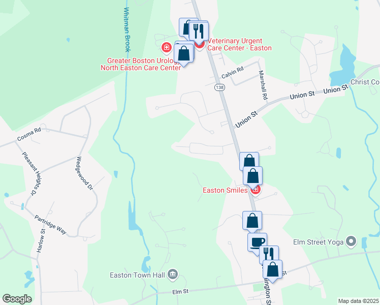 map of restaurants, bars, coffee shops, grocery stores, and more near 21 Miller Road in Easton