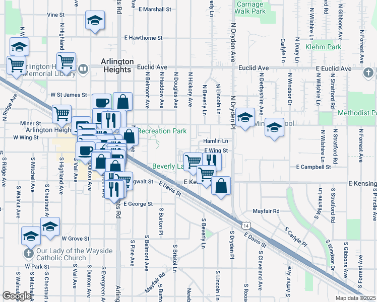 map of restaurants, bars, coffee shops, grocery stores, and more near 24 N Hickory Ave in Arlington Heights