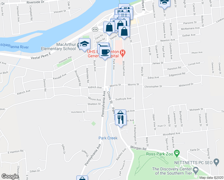 map of restaurants, bars, coffee shops, grocery stores, and more near 74 Park Avenue in Binghamton