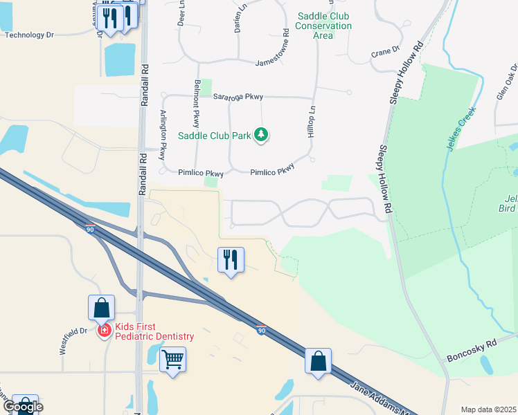 map of restaurants, bars, coffee shops, grocery stores, and more near 36W637 Hickory Hollow Drive in Kane County