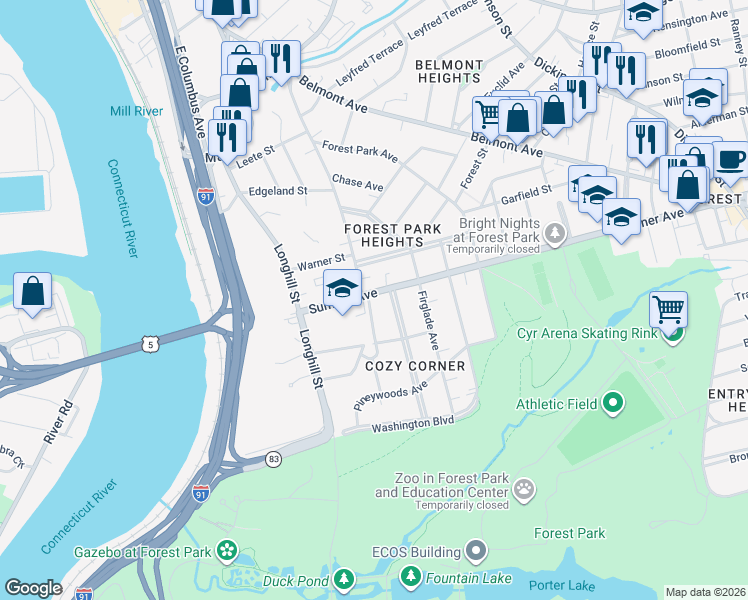 map of restaurants, bars, coffee shops, grocery stores, and more near 83 Sumner Avenue in Springfield