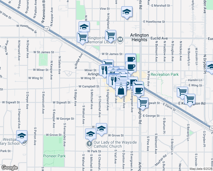 map of restaurants, bars, coffee shops, grocery stores, and more near 7 South Highland Avenue in Arlington Heights