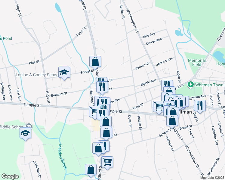map of restaurants, bars, coffee shops, grocery stores, and more near 84 Star Street in Whitman