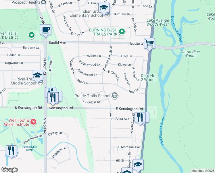map of restaurants, bars, coffee shops, grocery stores, and more near 1903 Hopi Lane in Mount Prospect