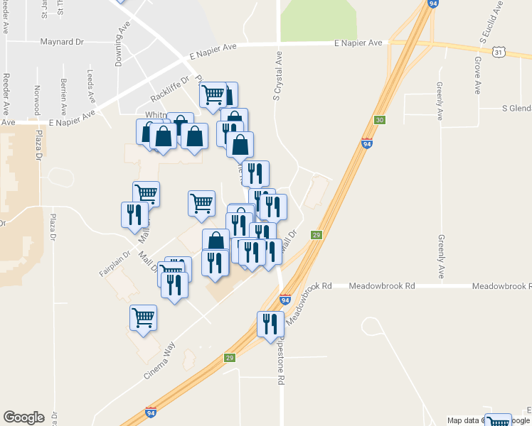 map of restaurants, bars, coffee shops, grocery stores, and more near 1927 Pipestone Road in Benton Harbor