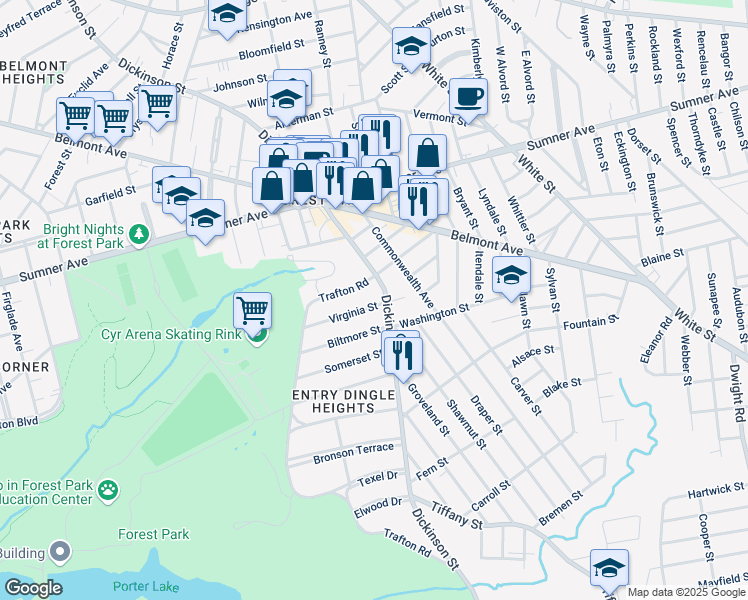map of restaurants, bars, coffee shops, grocery stores, and more near 580 Dickinson Street in Springfield