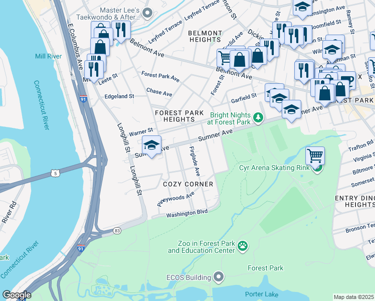 map of restaurants, bars, coffee shops, grocery stores, and more near 36 Firglade Avenue in Springfield