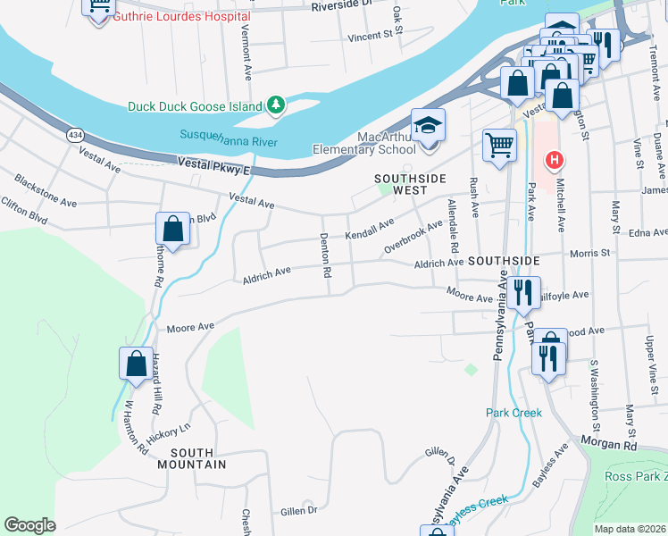 map of restaurants, bars, coffee shops, grocery stores, and more near 30 Denton Road in Binghamton