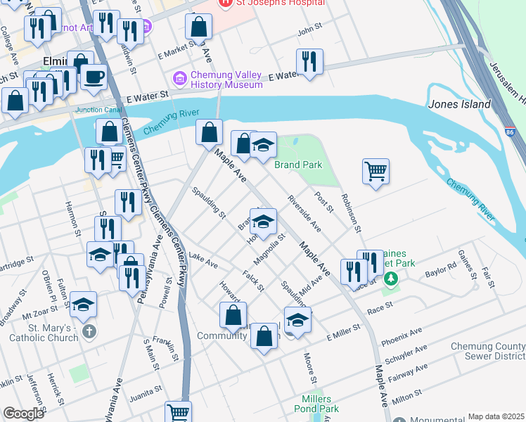 map of restaurants, bars, coffee shops, grocery stores, and more near 311 Horner Street in Elmira