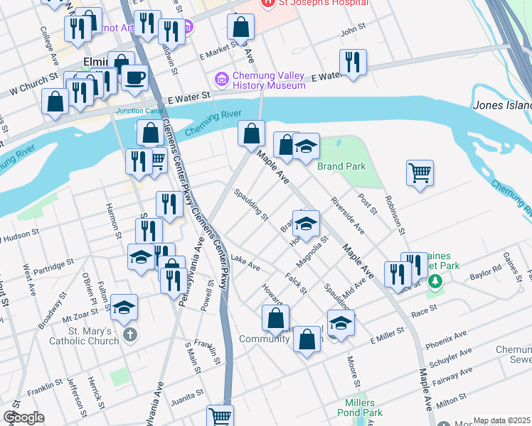map of restaurants, bars, coffee shops, grocery stores, and more near 457 Spaulding Street in Elmira