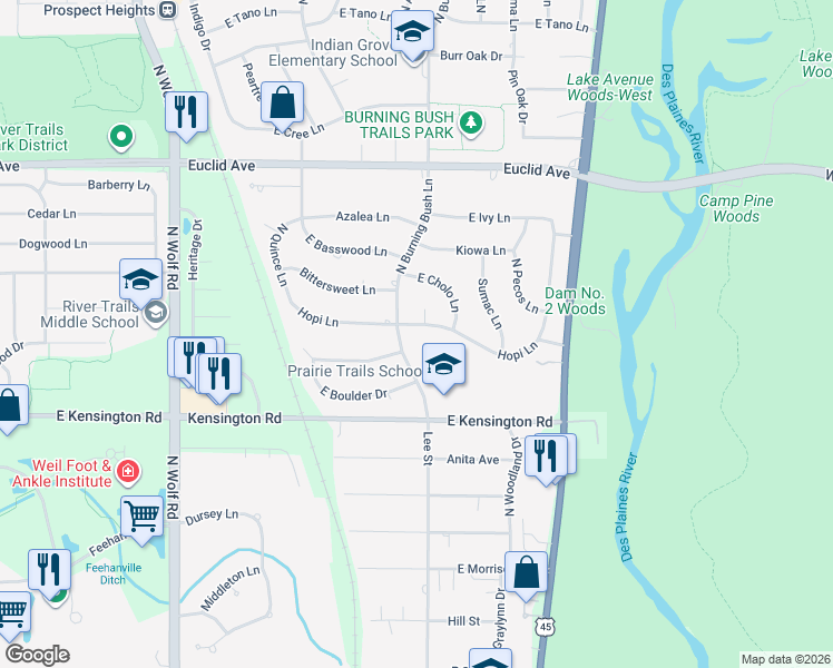 map of restaurants, bars, coffee shops, grocery stores, and more near 1903 Hopi Lane in Mount Prospect