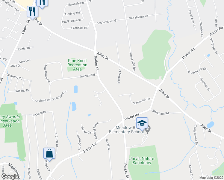 map of restaurants, bars, coffee shops, grocery stores, and more near 721 Parker Street in East Longmeadow