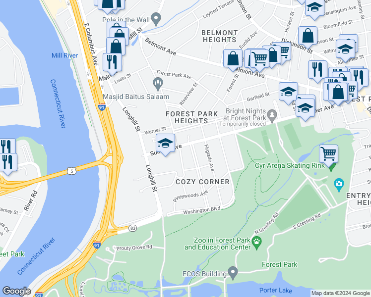 map of restaurants, bars, coffee shops, grocery stores, and more near 91 Sumner Avenue in Springfield