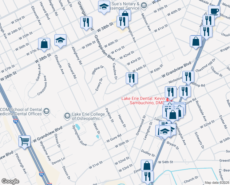 map of restaurants, bars, coffee shops, grocery stores, and more near 1723 West 45th Street in Erie