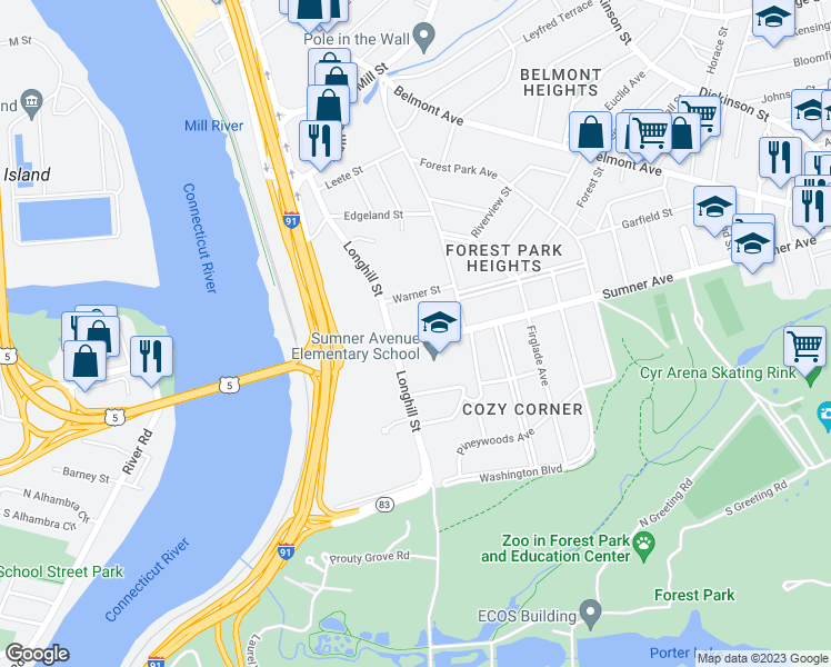 map of restaurants, bars, coffee shops, grocery stores, and more near 24 Sumner Avenue in Springfield