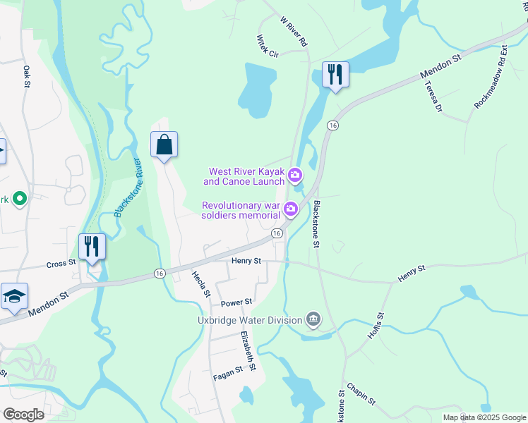 map of restaurants, bars, coffee shops, grocery stores, and more near 300 Mendon Street in Uxbridge