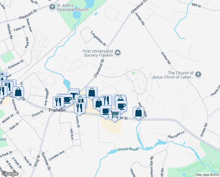 map of restaurants, bars, coffee shops, grocery stores, and more near 40 Glen Meadow Road in Franklin