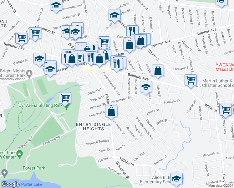 map of restaurants, bars, coffee shops, grocery stores, and more near 118 Commonwealth Avenue in Springfield