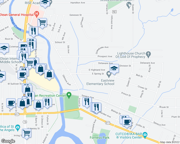 map of restaurants, bars, coffee shops, grocery stores, and more near 529 East Spring Street in Olean