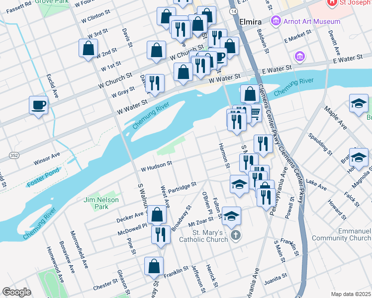 map of restaurants, bars, coffee shops, grocery stores, and more near 109 Chestnut Street in Elmira