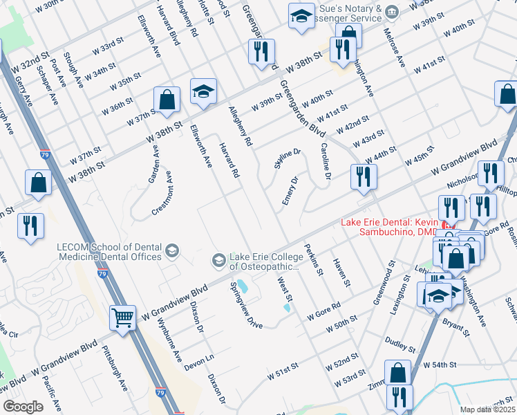 map of restaurants, bars, coffee shops, grocery stores, and more near 4434-4498 Harvard Road in Erie