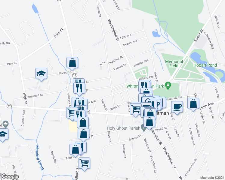 map of restaurants, bars, coffee shops, grocery stores, and more near 180 Beulah Street in Whitman