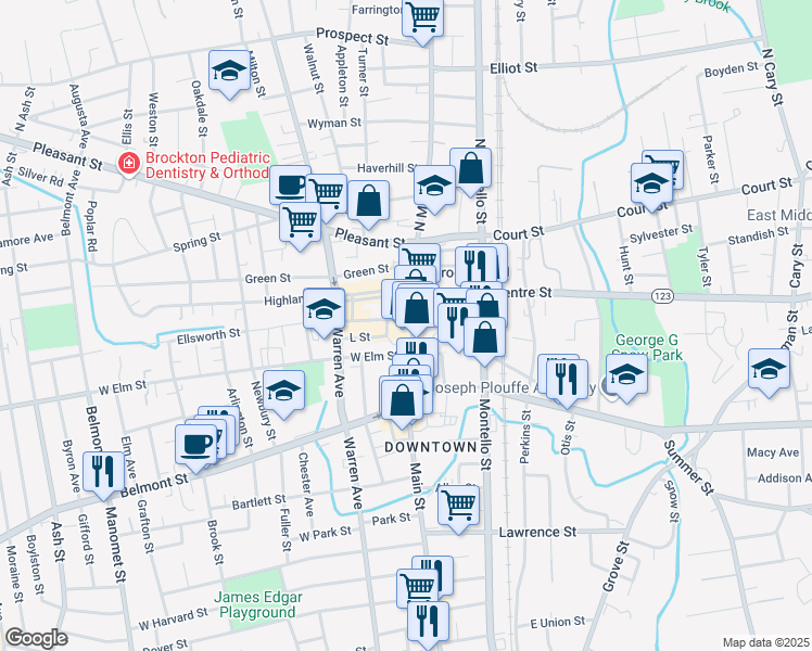 map of restaurants, bars, coffee shops, grocery stores, and more near 121 Main Street in Brockton