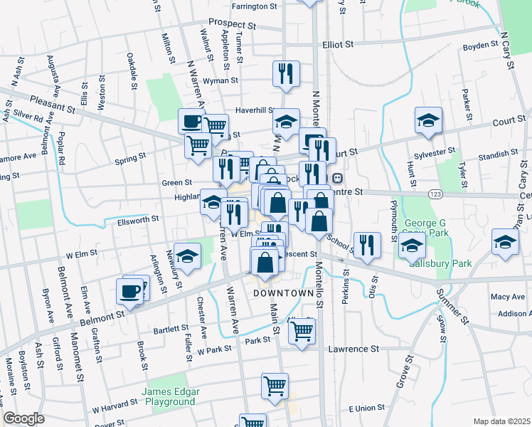 map of restaurants, bars, coffee shops, grocery stores, and more near 157 Main Street in Brockton