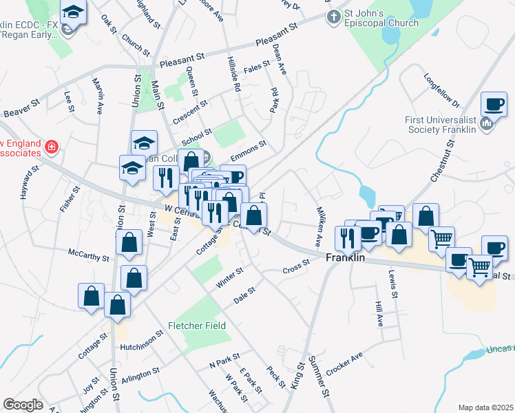 map of restaurants, bars, coffee shops, grocery stores, and more near 9 Alpine Place in Franklin