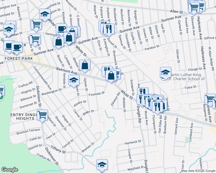 map of restaurants, bars, coffee shops, grocery stores, and more near 287 Fountain Street in Springfield