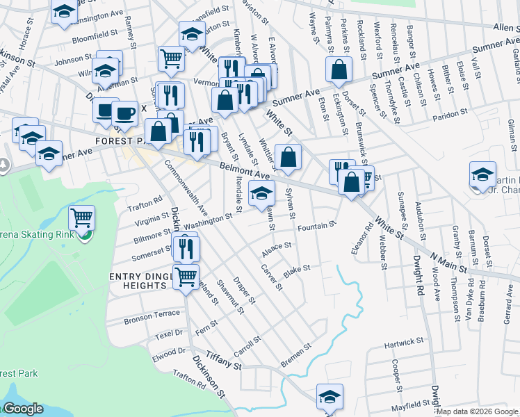map of restaurants, bars, coffee shops, grocery stores, and more near 80 Woodlawn Street in Springfield