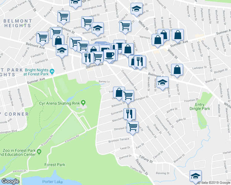 map of restaurants, bars, coffee shops, grocery stores, and more near 43 Virginia Street in Springfield