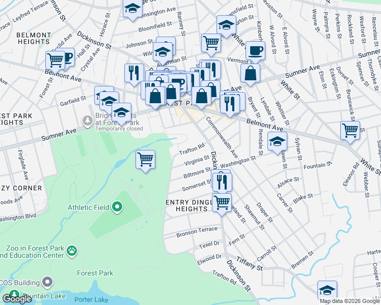 map of restaurants, bars, coffee shops, grocery stores, and more near 43 Virginia Street in Springfield
