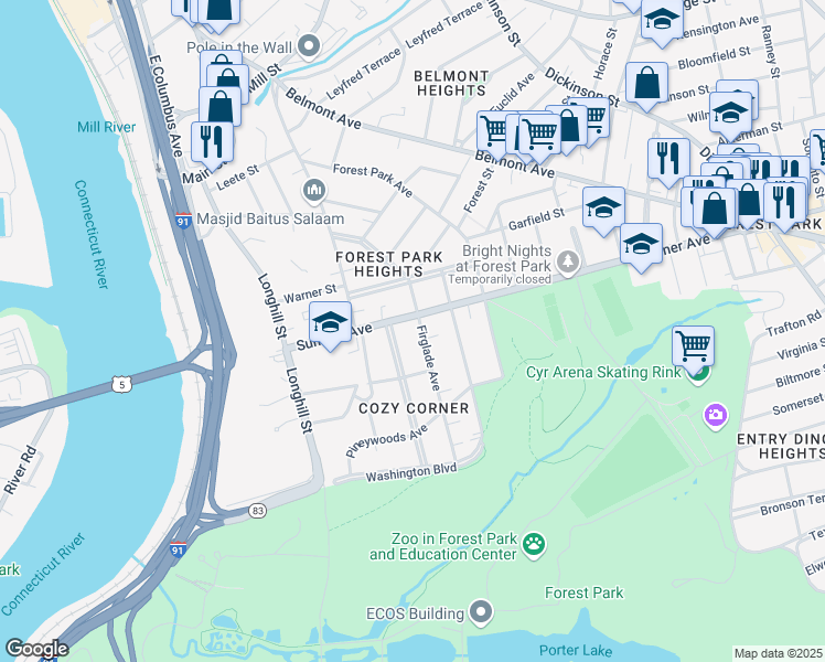 map of restaurants, bars, coffee shops, grocery stores, and more near 36 Firglade Avenue in Springfield
