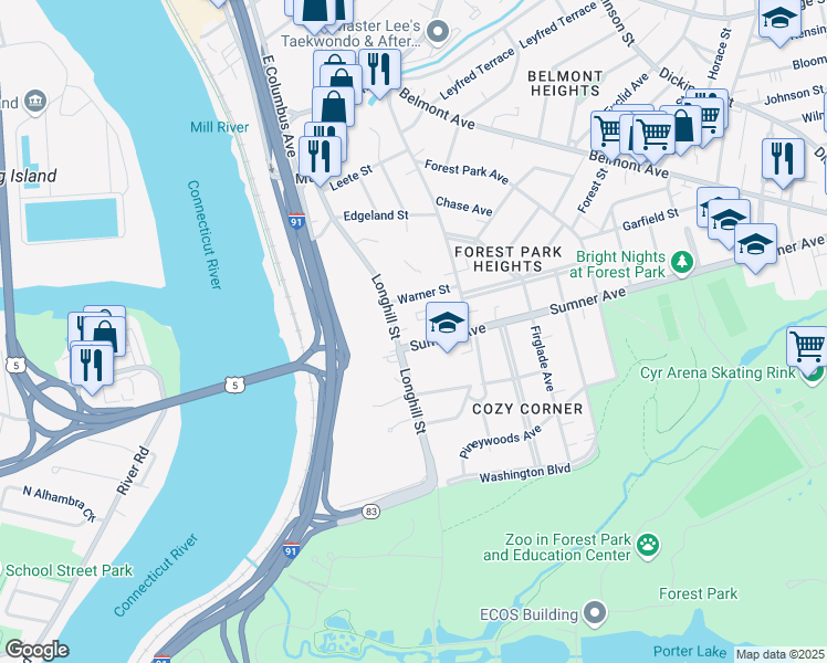 map of restaurants, bars, coffee shops, grocery stores, and more near 7 Sumner Avenue in Springfield
