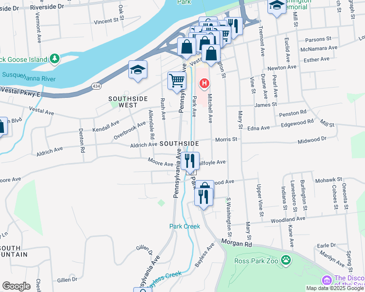 map of restaurants, bars, coffee shops, grocery stores, and more near 109 Pennsylvania Avenue in Binghamton