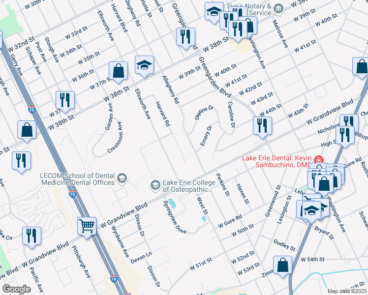 map of restaurants, bars, coffee shops, grocery stores, and more near 4434-4498 Harvard Road in Erie