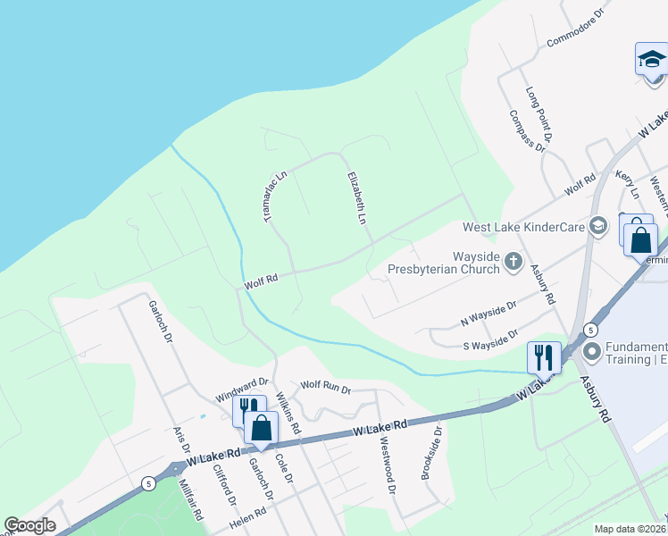 map of restaurants, bars, coffee shops, grocery stores, and more near 5051 Wolf Road in Erie