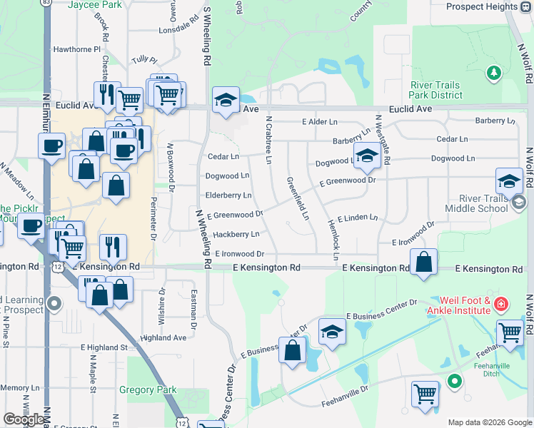 map of restaurants, bars, coffee shops, grocery stores, and more near 710 Hackberry Lane in Mount Prospect