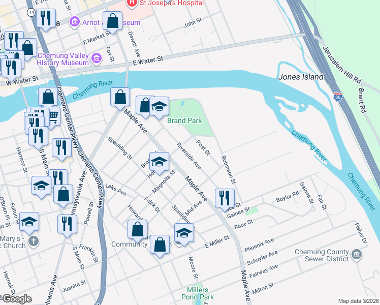 map of restaurants, bars, coffee shops, grocery stores, and more near 568 Riverside Avenue in Elmira
