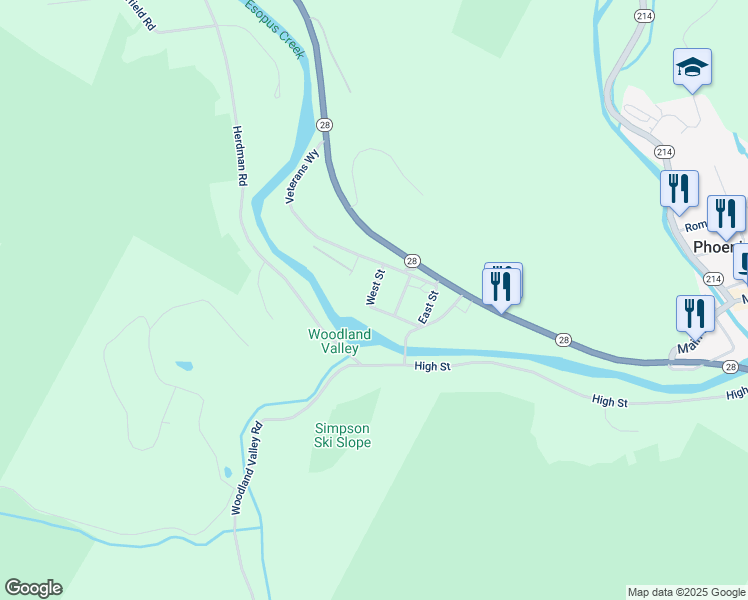 map of restaurants, bars, coffee shops, grocery stores, and more near 31 Esopus Avenue in Phoenicia