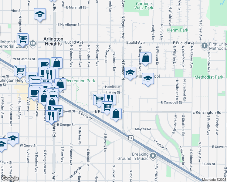 map of restaurants, bars, coffee shops, grocery stores, and more near 45 North Lincoln Lane in Arlington Heights