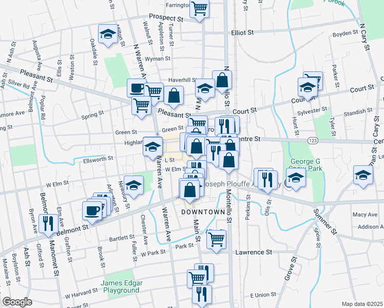 map of restaurants, bars, coffee shops, grocery stores, and more near 121 Main Street in Brockton