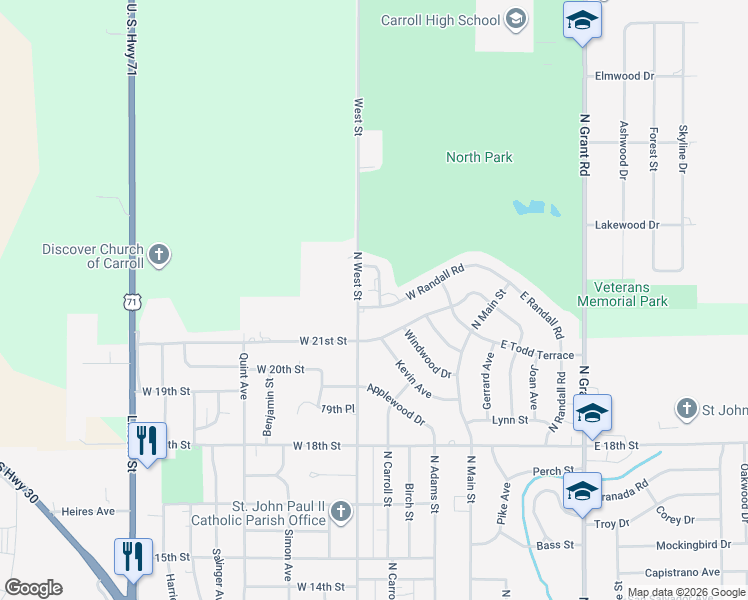 map of restaurants, bars, coffee shops, grocery stores, and more near 302 West 21st Street in Carroll