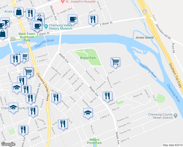 map of restaurants, bars, coffee shops, grocery stores, and more near 559 Riverside Avenue in Elmira