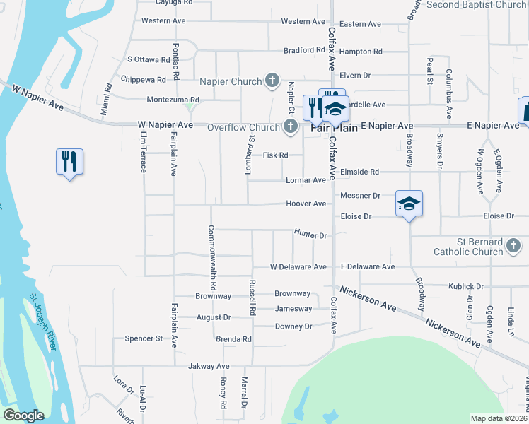 map of restaurants, bars, coffee shops, grocery stores, and more near 269 Hunter Drive in Benton Harbor