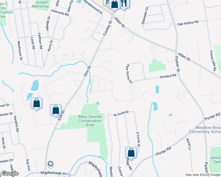 map of restaurants, bars, coffee shops, grocery stores, and more near 175 Orchard Road in East Longmeadow