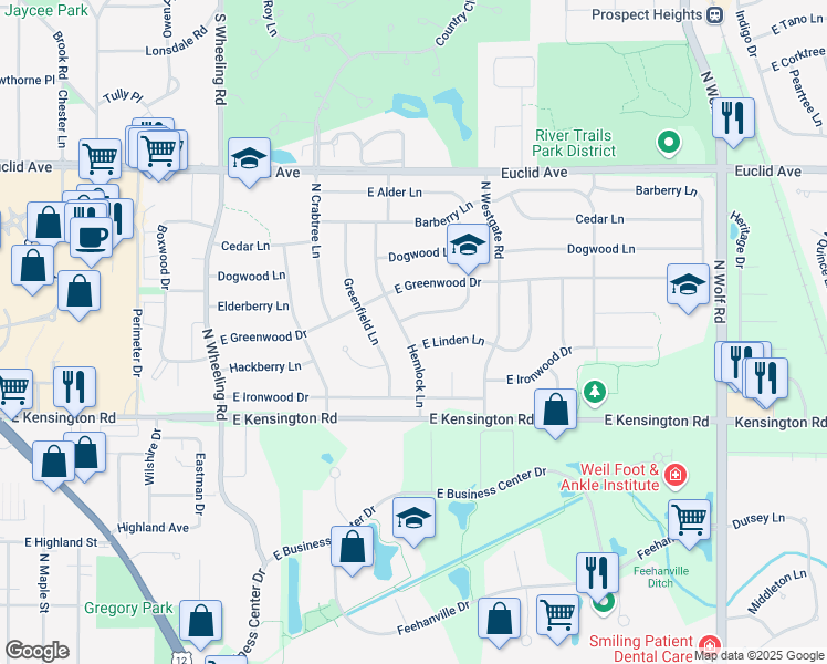 map of restaurants, bars, coffee shops, grocery stores, and more near 1101 East Linden Lane in Mount Prospect