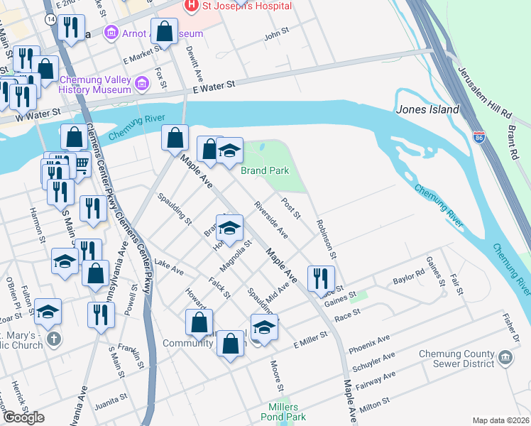 map of restaurants, bars, coffee shops, grocery stores, and more near 554 Riverside Avenue in Elmira
